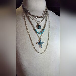 Silver Tone and Turquoise Layered Cross Necklace Set. NWOT